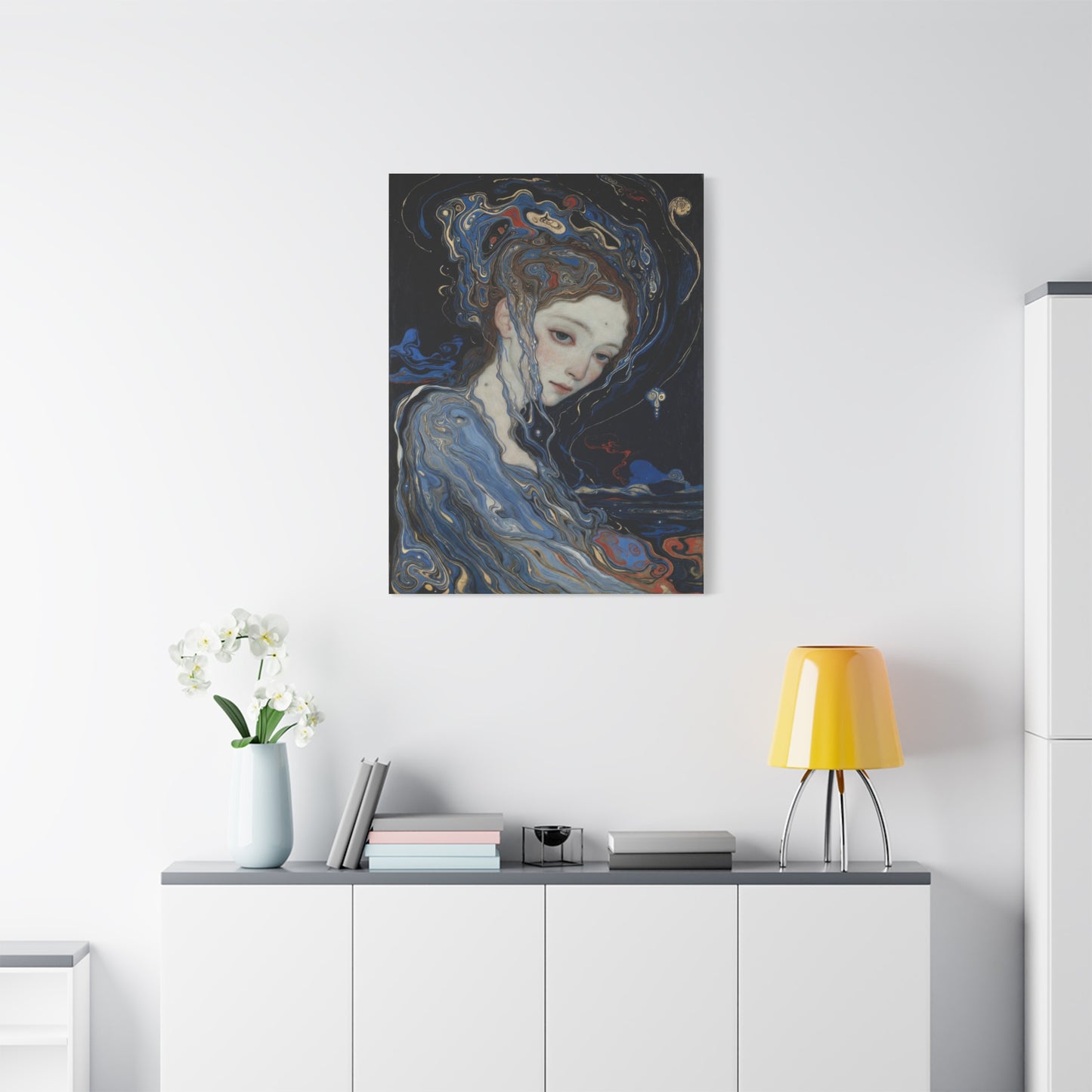 Ethereal Siren Matte Canvas Wall Art — Surreal Blue Portrait, Stretched 1.25"