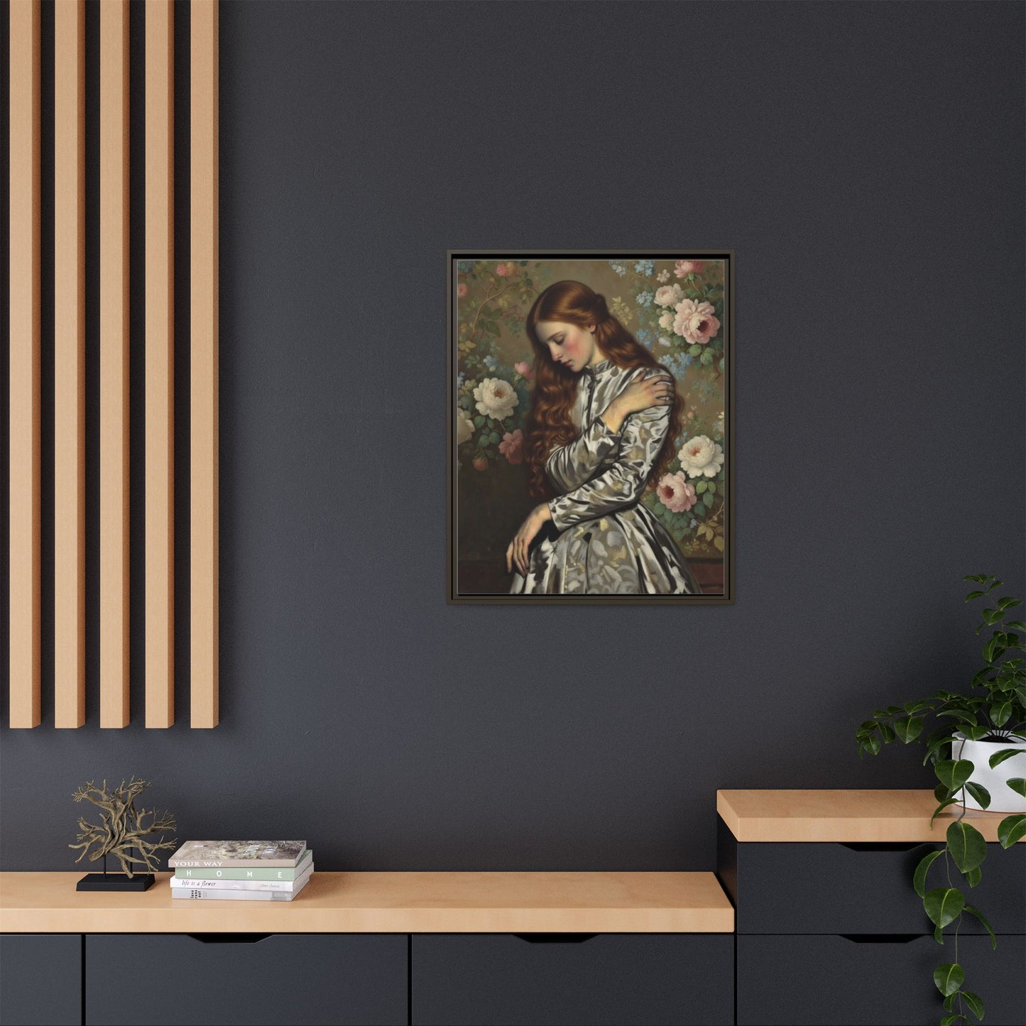 Framed Matte Canvas Art — Vintage Floral Portrait of a Young Woman