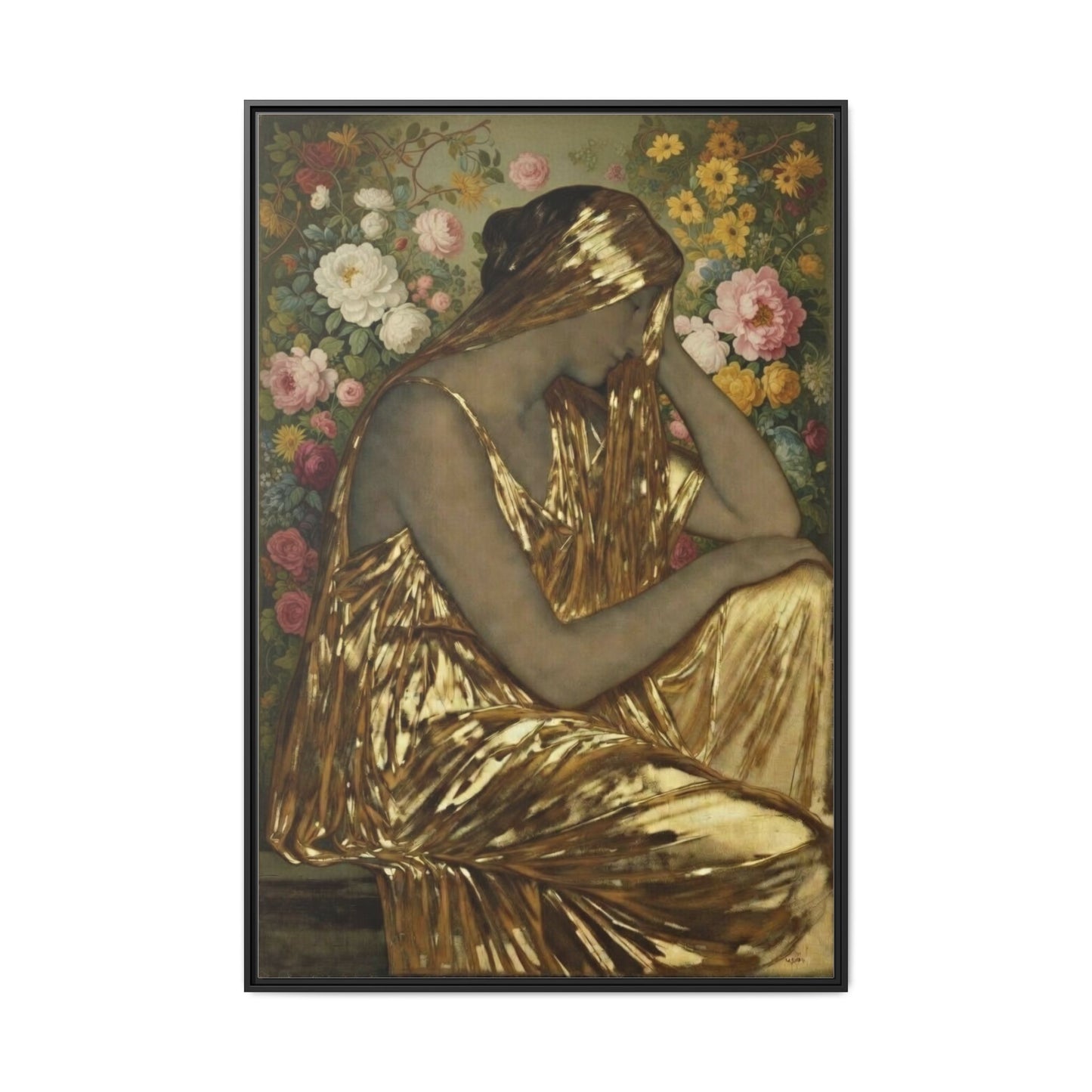 Framed Canvas Art Print — Golden Muse Woman with Floral Background