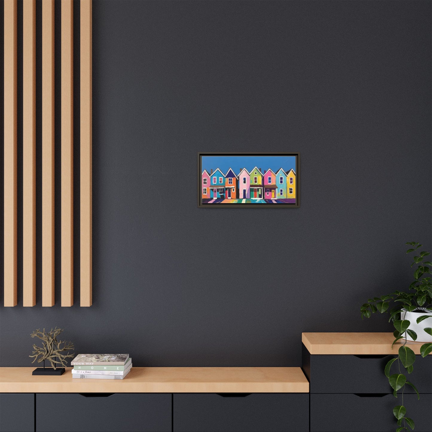 Colorful Beach Houses Matte Canvas Framed Wall Art
