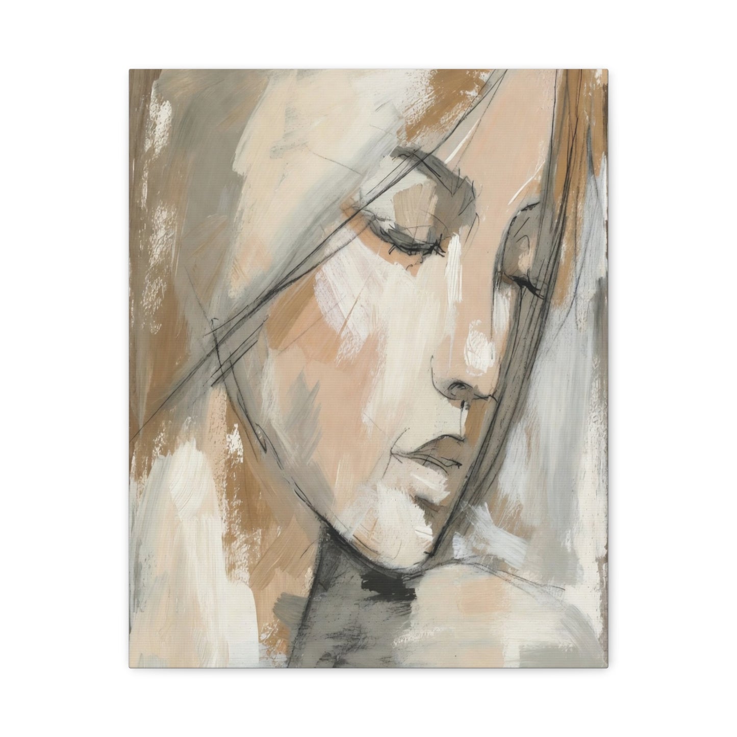 Serene Woman Portrait Matte Canvas Wall Art — Neutral Abstract Face Painting