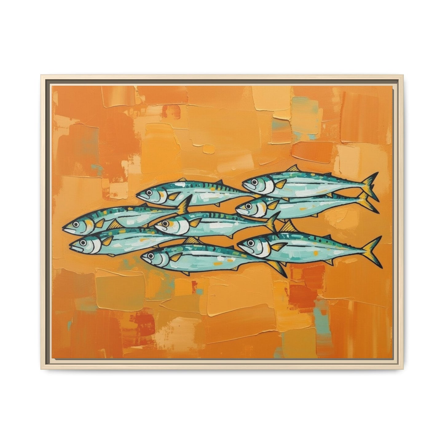 Framed Matte Canvas Print — School of Blue Fish on Orange Abstract Background