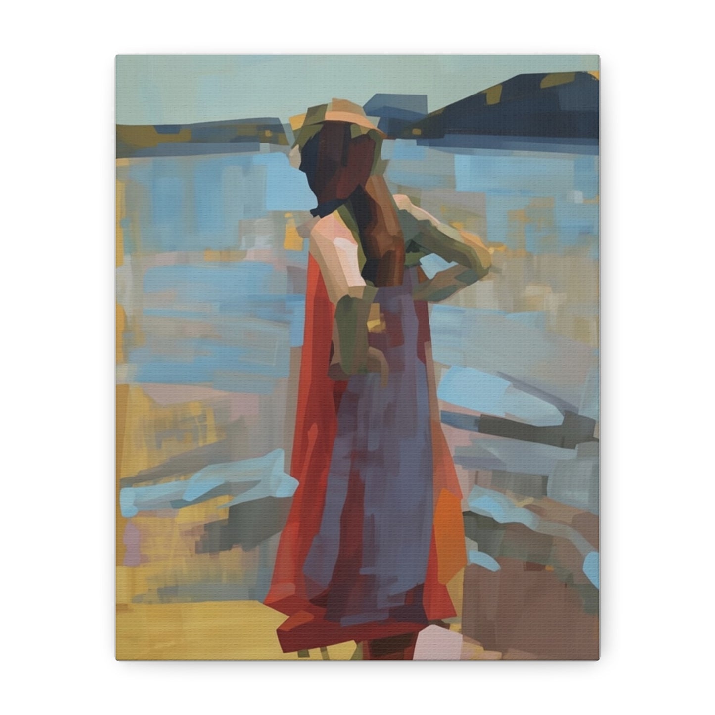 Coastal Stroll Matte Canvas Print — Abstract Woman in Red Dress, Stretched 1.25"