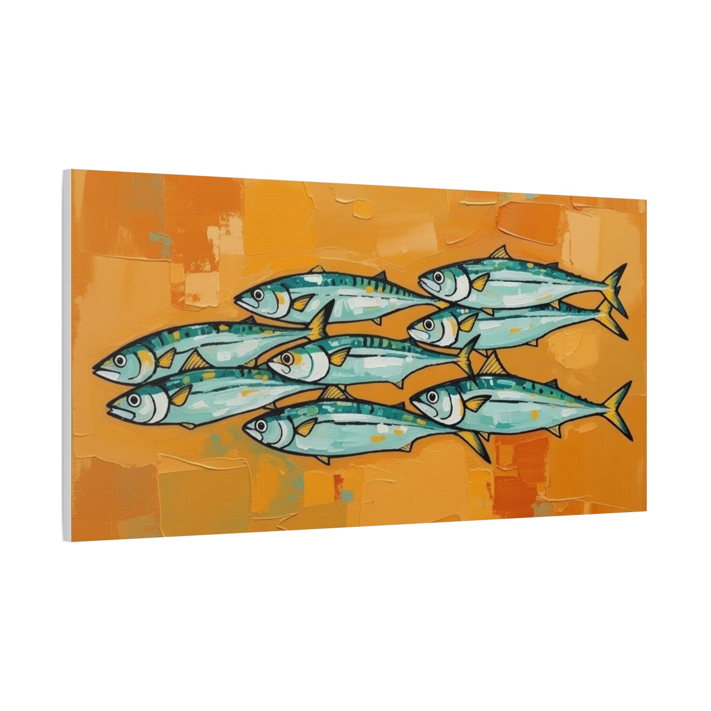 School of Mackerel Canvas Wall Art — Nautical Fish Painting on Orange Background