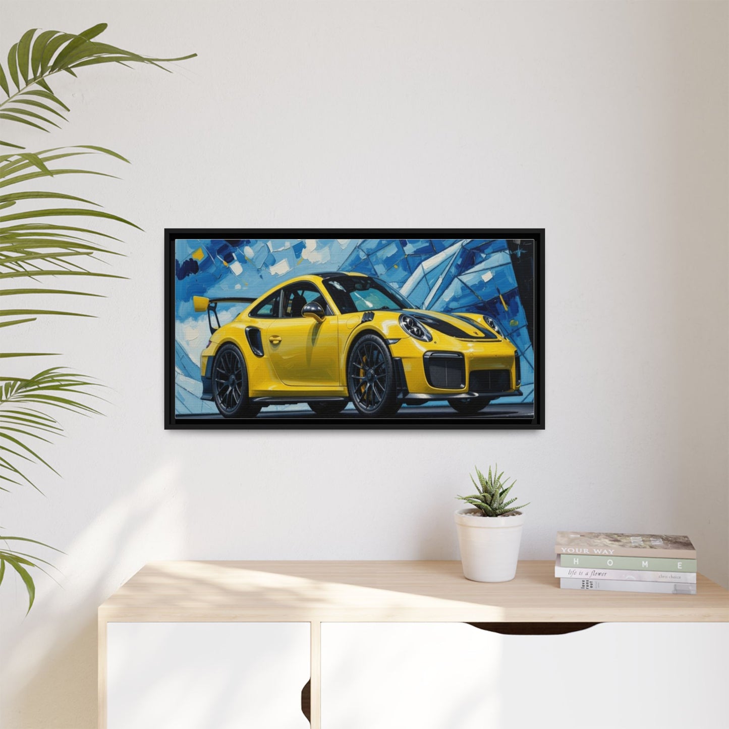 Yellow Porsche Sports Car Matte Framed Canvas – Modern Automotive Wall Art