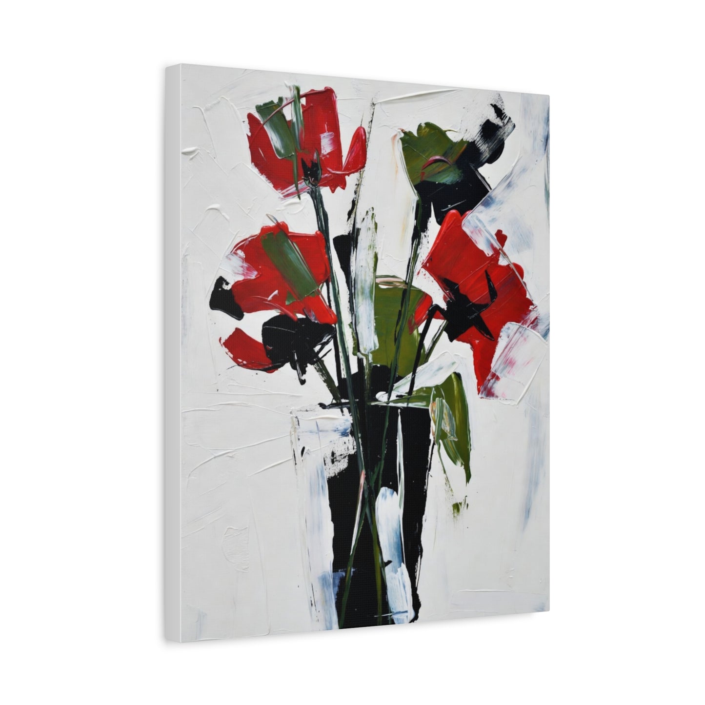 Red Floral Abstract Canvas Print — Modern Painterly Flowers on Matte Stretched Canvas