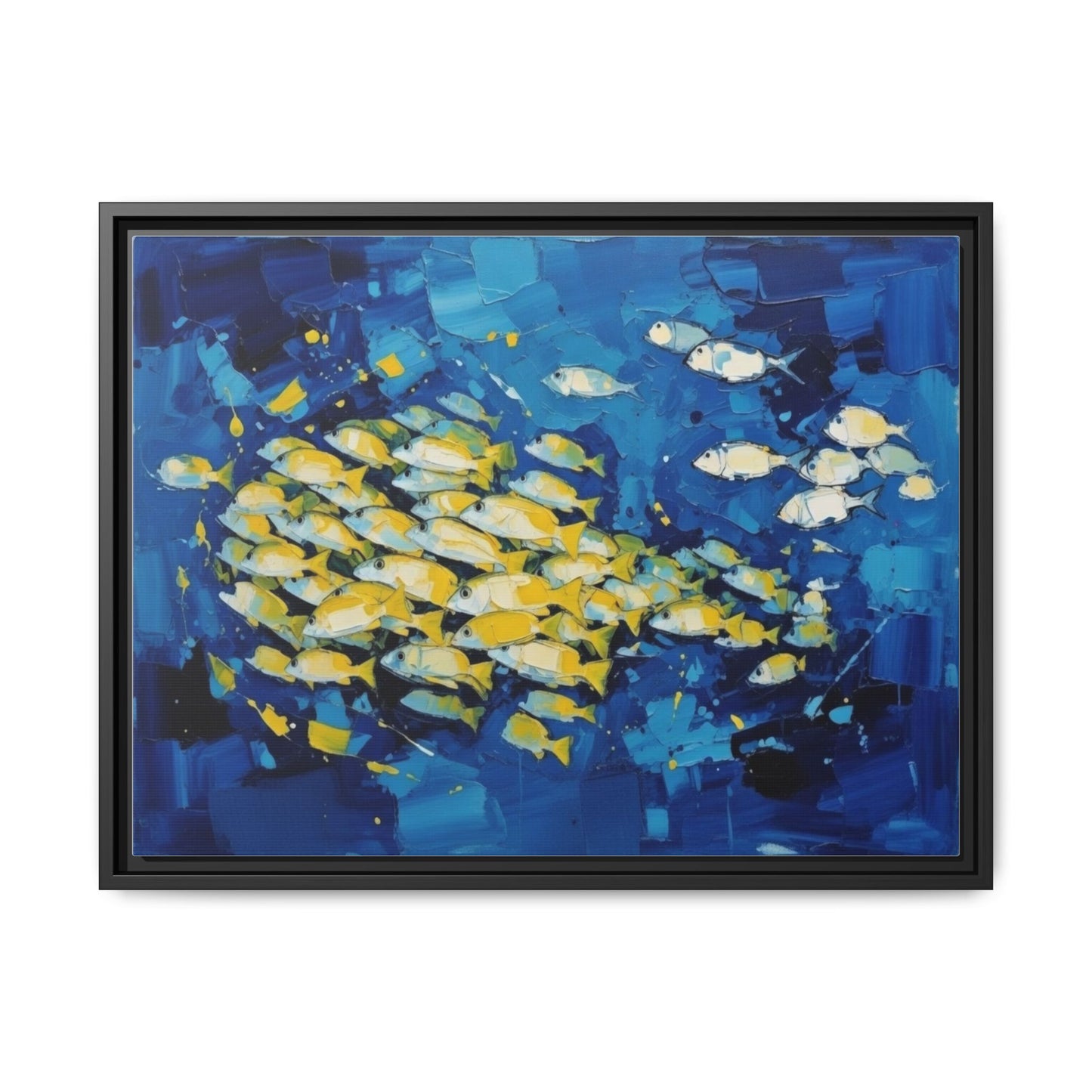Framed Matte Canvas: Blue School of Fish Wall Art
