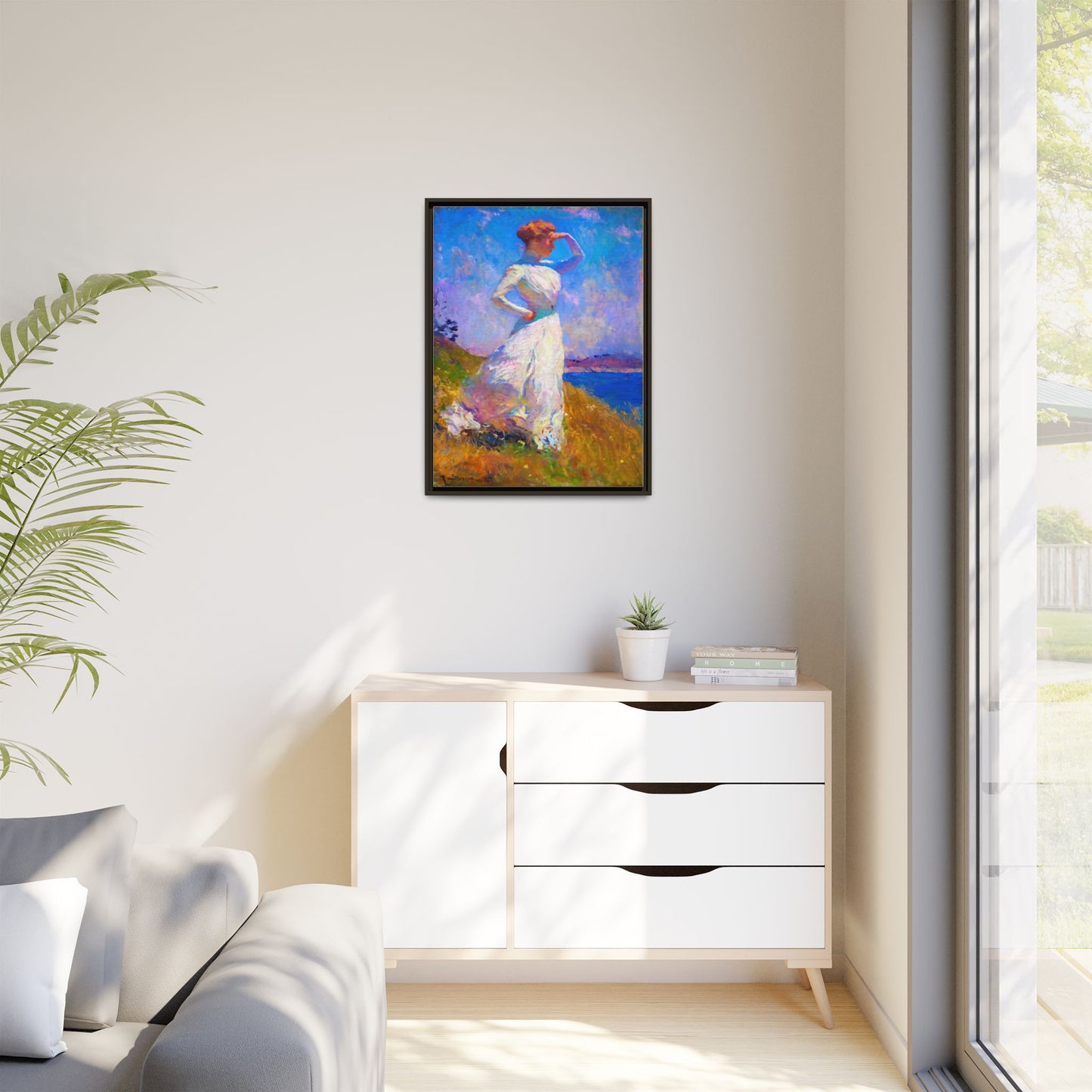 Framed Matte Canvas Art - Woman in White Seaside Impressionist Print