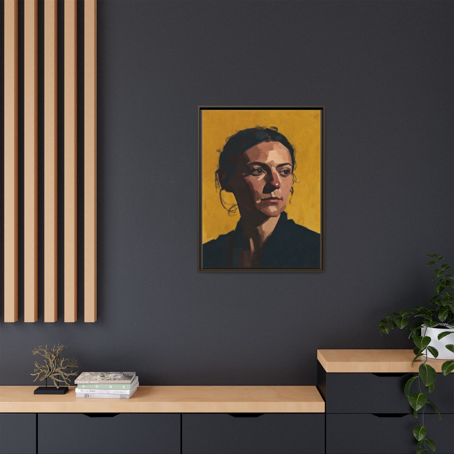 Framed Matte Canvas Portrait Art — Moody Woman on Mustard Background