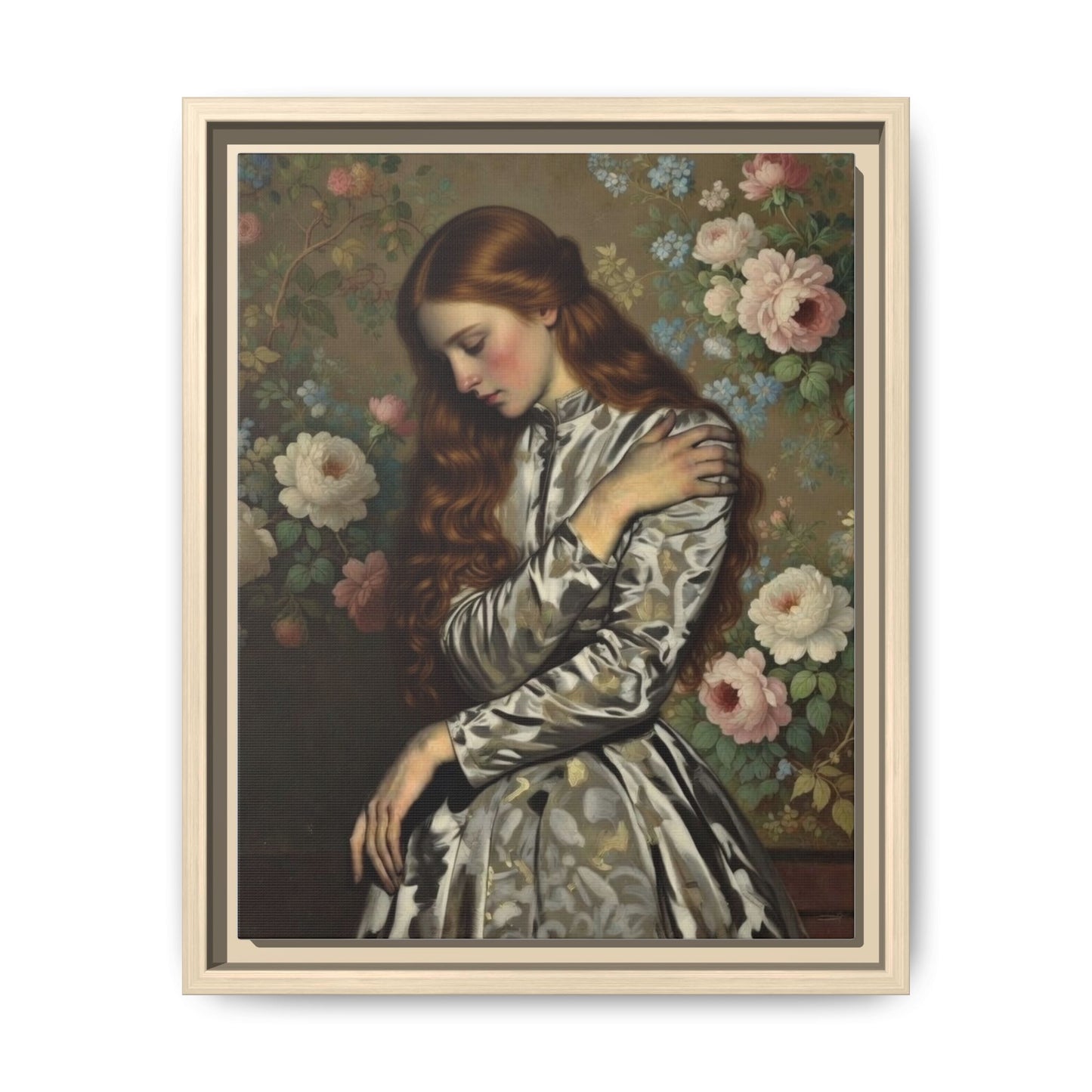 Framed Matte Canvas Art — Vintage Floral Portrait of a Young Woman