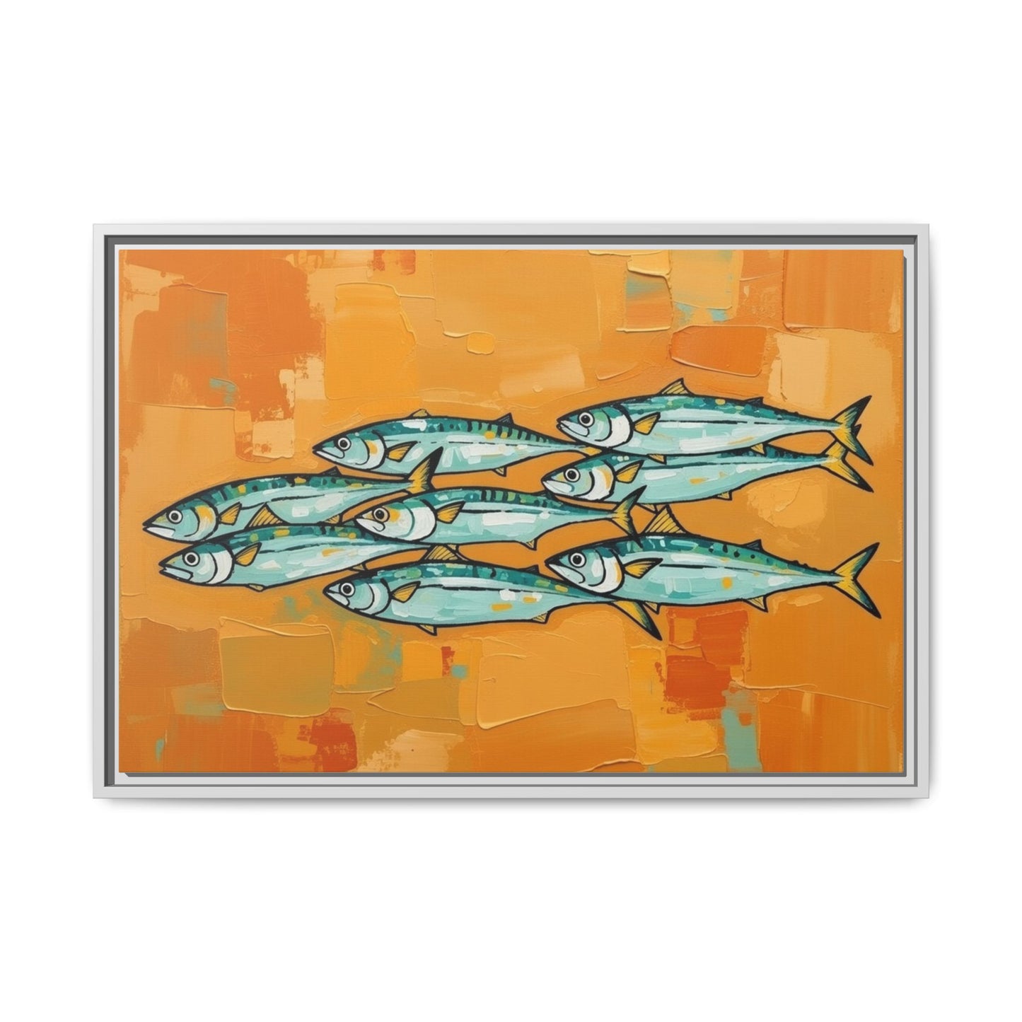 Framed Matte Canvas Print — School of Blue Fish on Orange Abstract Background
