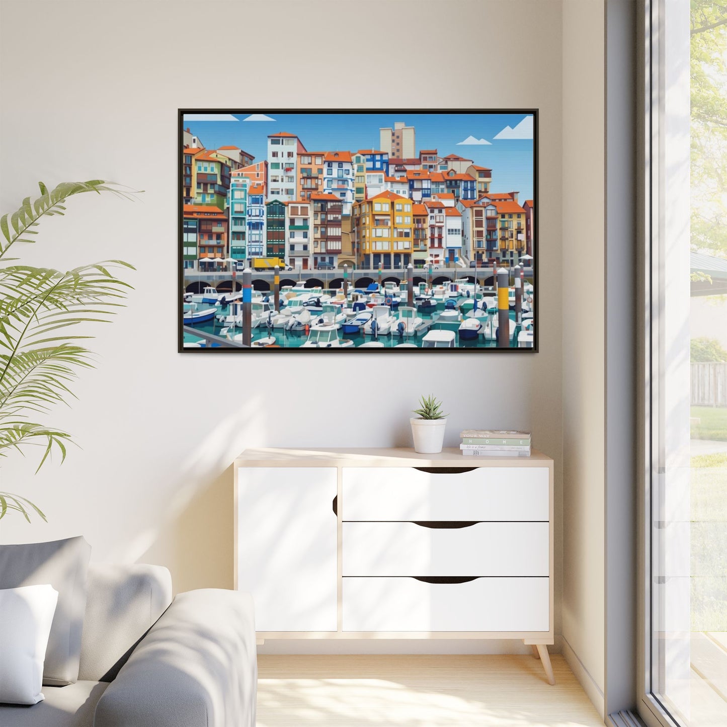 Framed Matte Canvas Print — Colorful Mediterranean Harbor Illustration