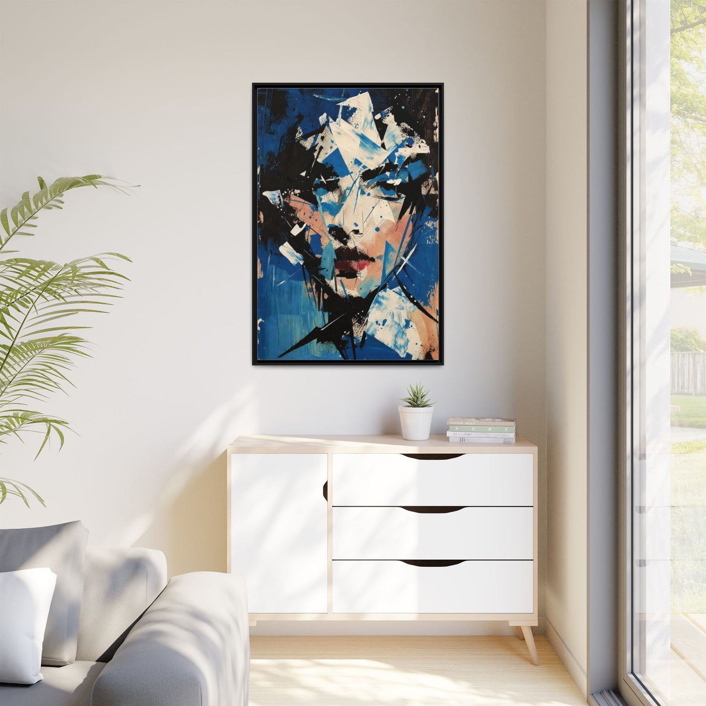 Abstract Portrait Matte Canvas Framed Wall Art — Blue Mixed-Media Face Print