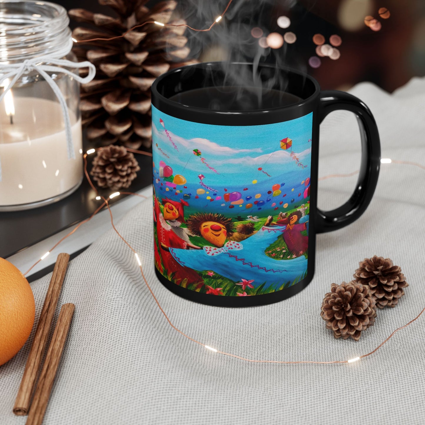 Black Ceramic Mug — Whimsical Kite Festival Art (11oz & 15oz)