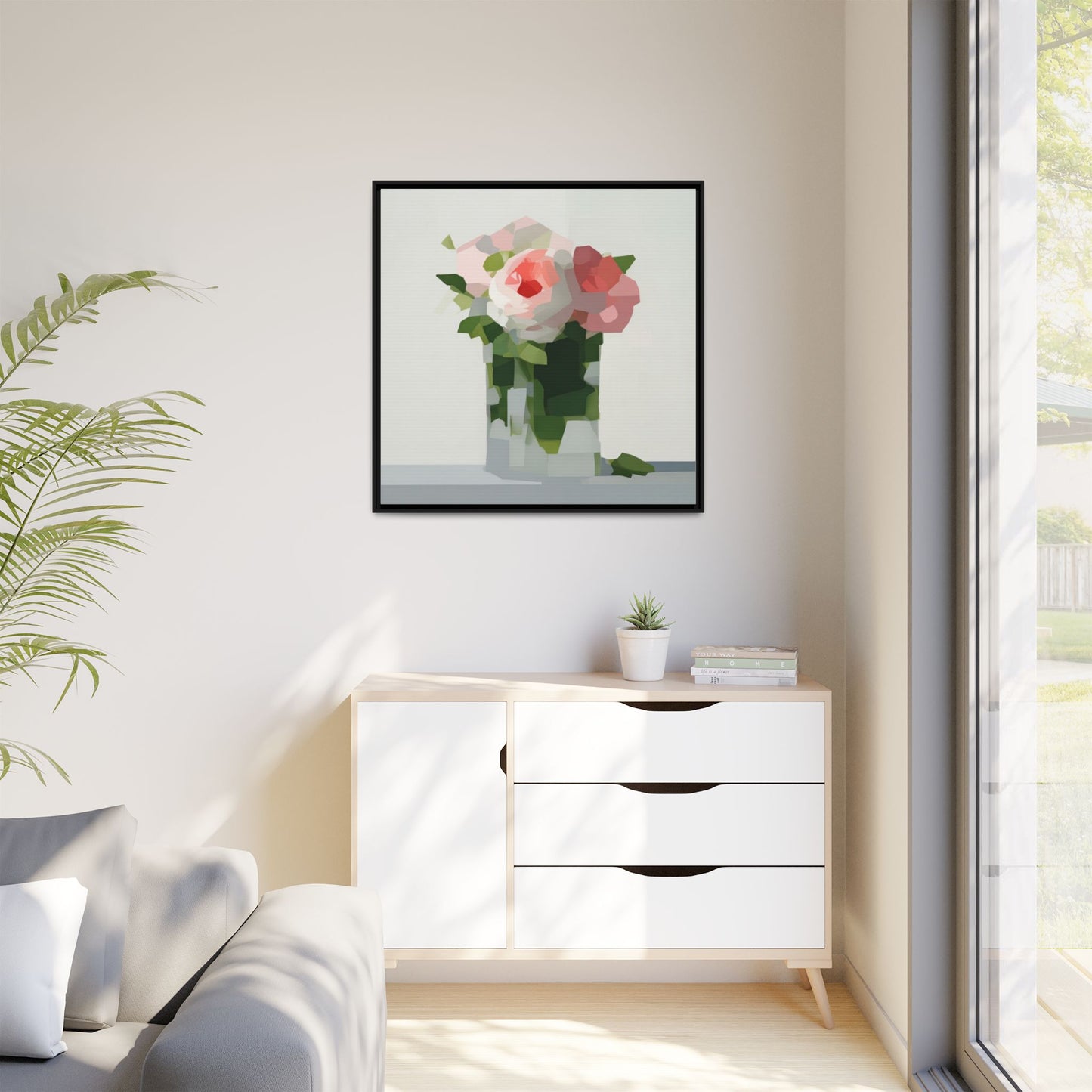Framed Floral Canvas Print — Modern Pink Roses Still Life