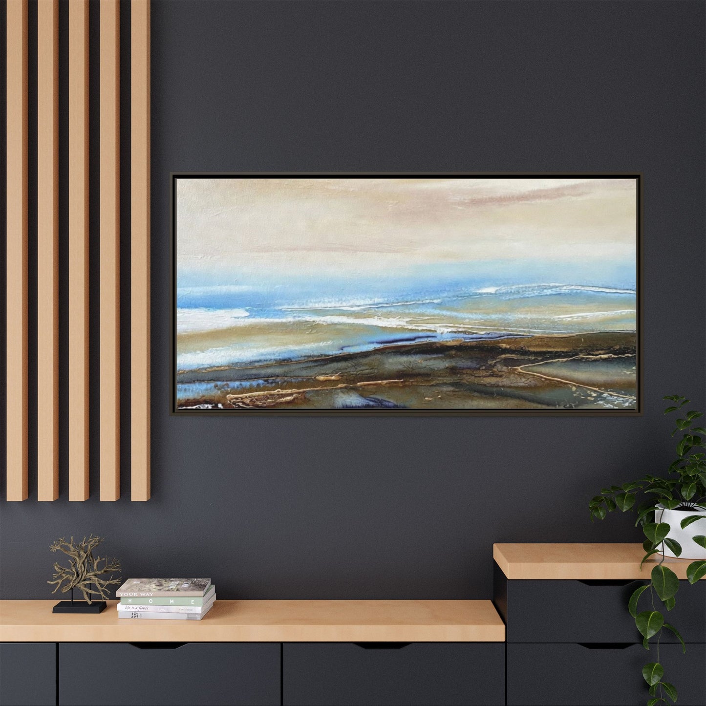 Framed Abstract Seascape Matte Canvas — Coastal Blue & Earth Tone Wall Art