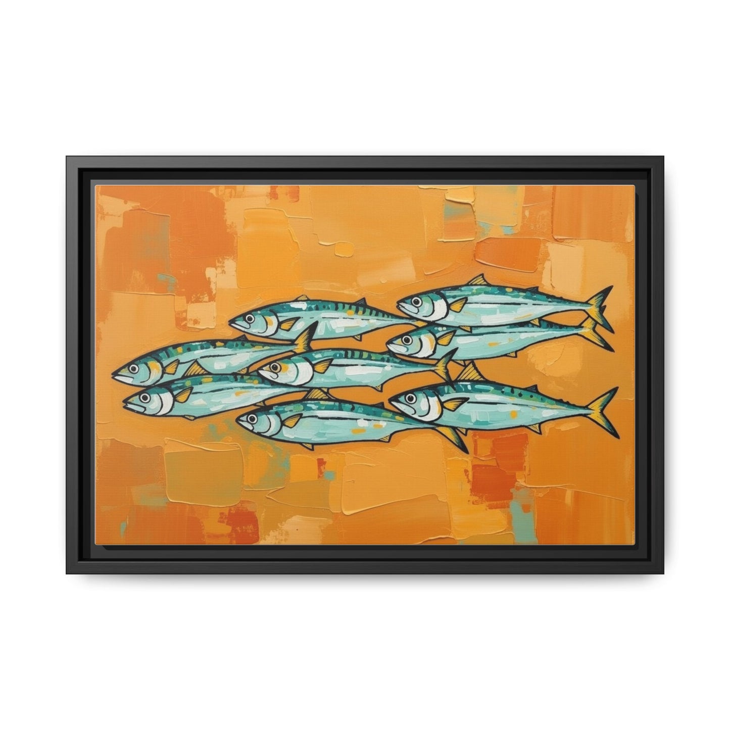 Framed Matte Canvas Print — School of Blue Fish on Orange Abstract Background