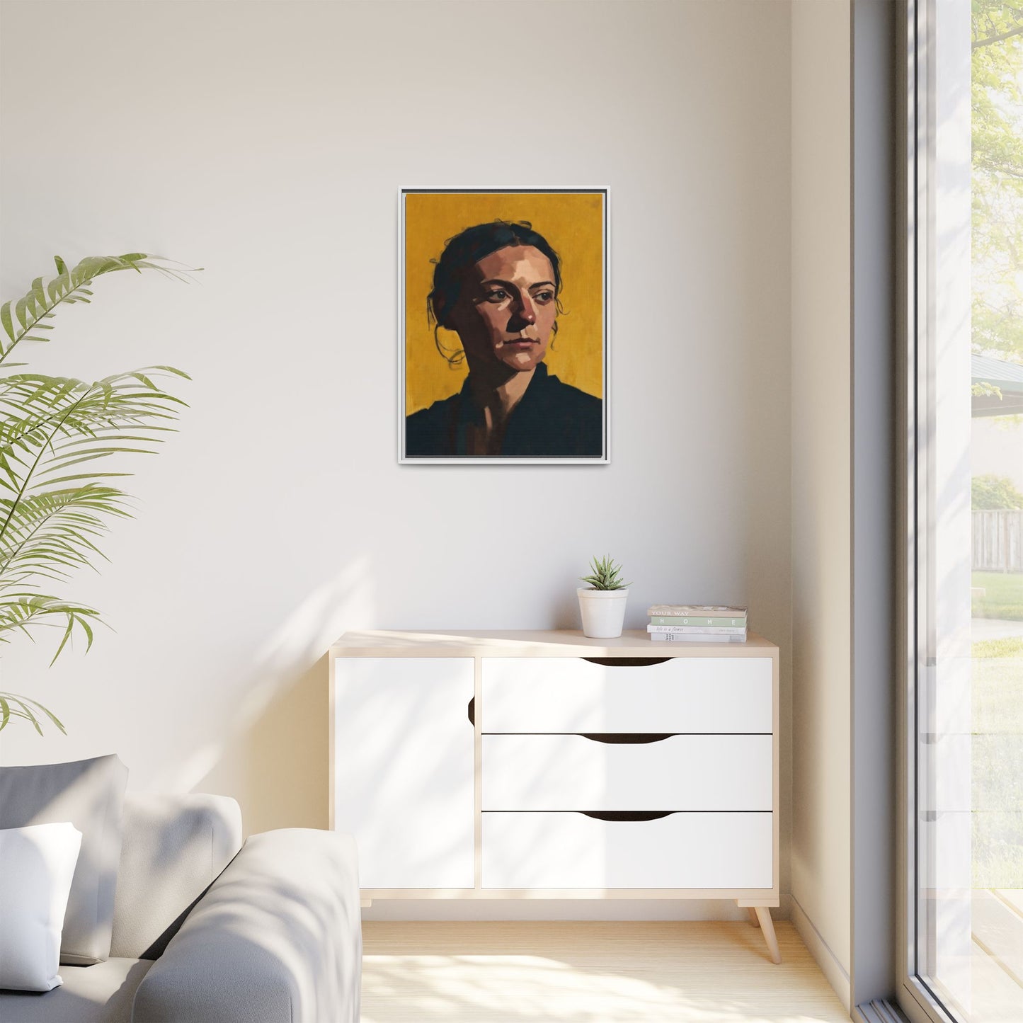 Framed Matte Canvas Portrait Art — Moody Woman on Mustard Background