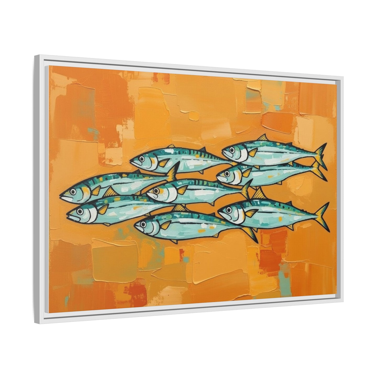 Framed Matte Canvas Print — School of Blue Fish on Orange Abstract Background