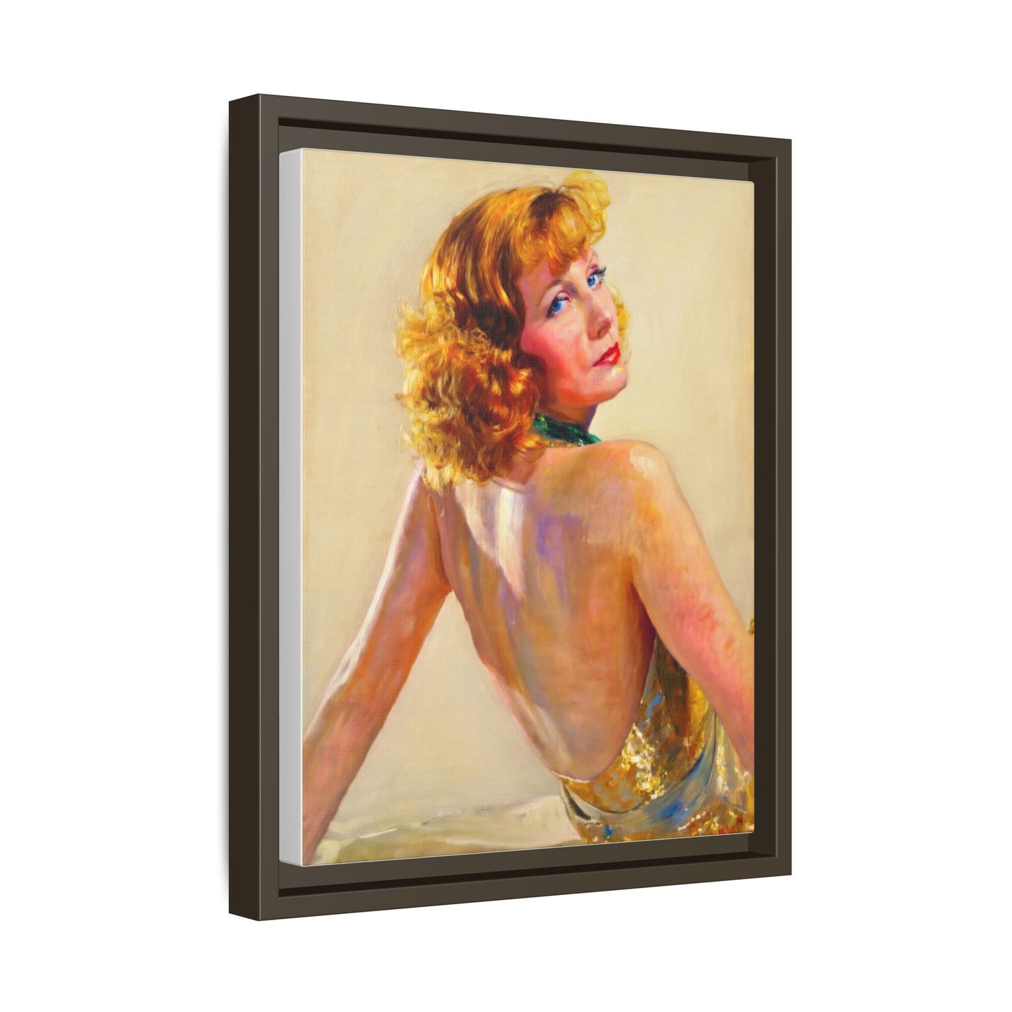 Framed Matte Canvas Print — Vintage Portrait of Redhead Greta Garbo in Gold Dress