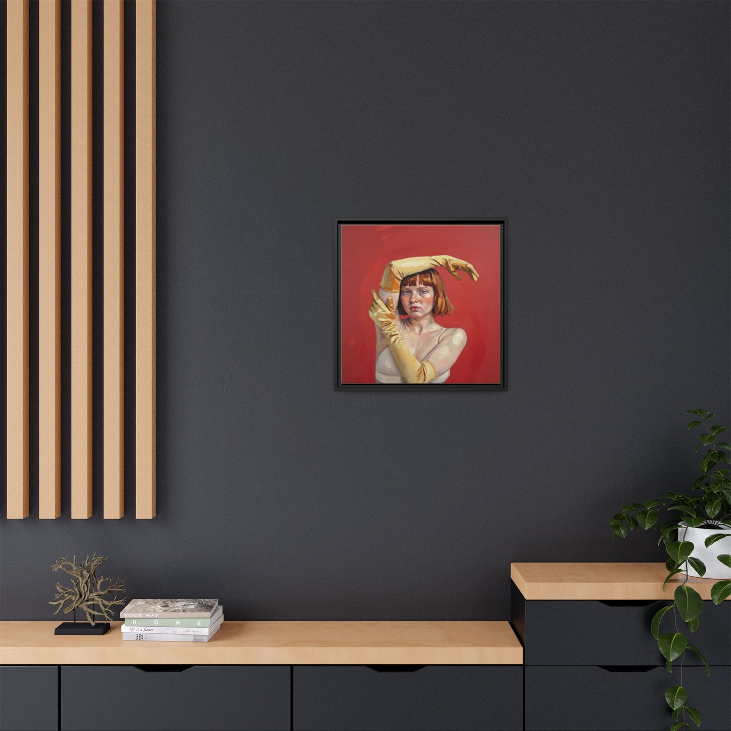 Framed Matte Canvas Art - Portrait of Woman in Yellow Gloves (Red Background)
