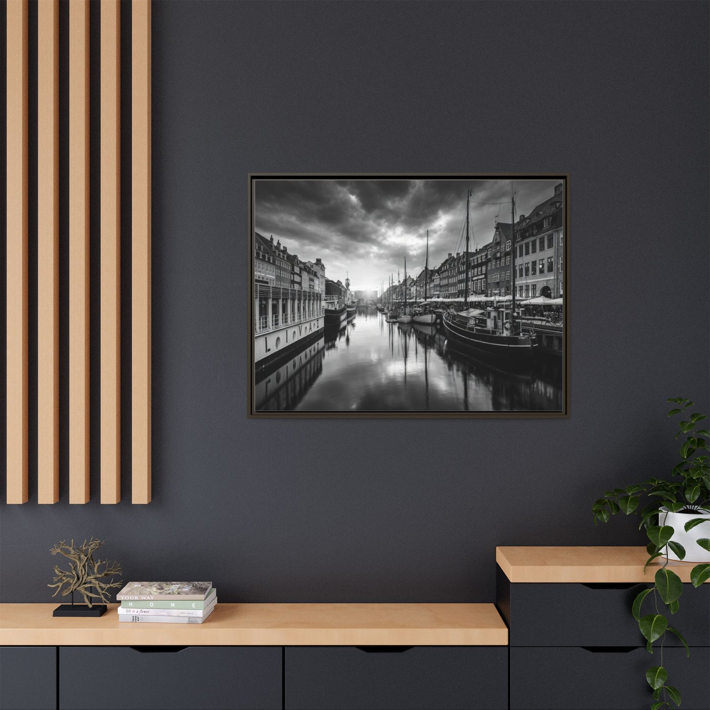Framed Matte Canvas: Black & White Dutch Canal Photography Wall Art