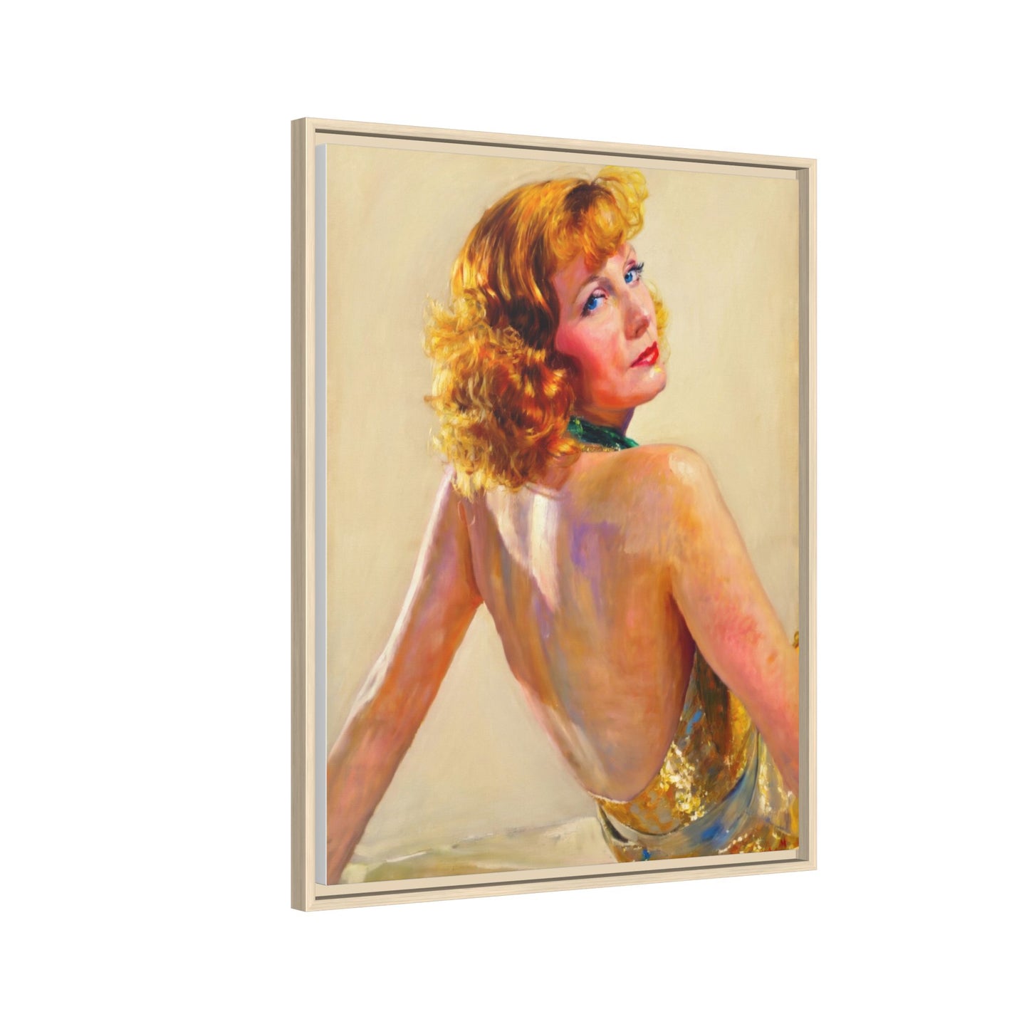 Framed Matte Canvas Print — Vintage Portrait of Redhead Greta Garbo in Gold Dress