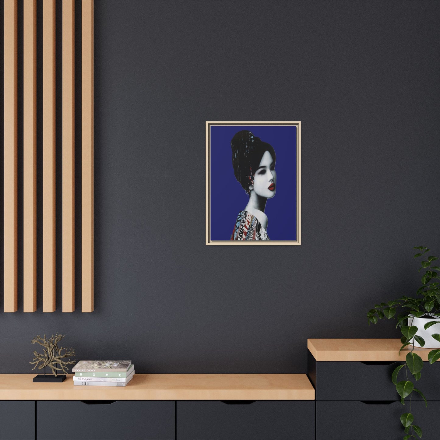 Framed Matte Canvas Art — Elegant Geisha Portrait on Deep Blue