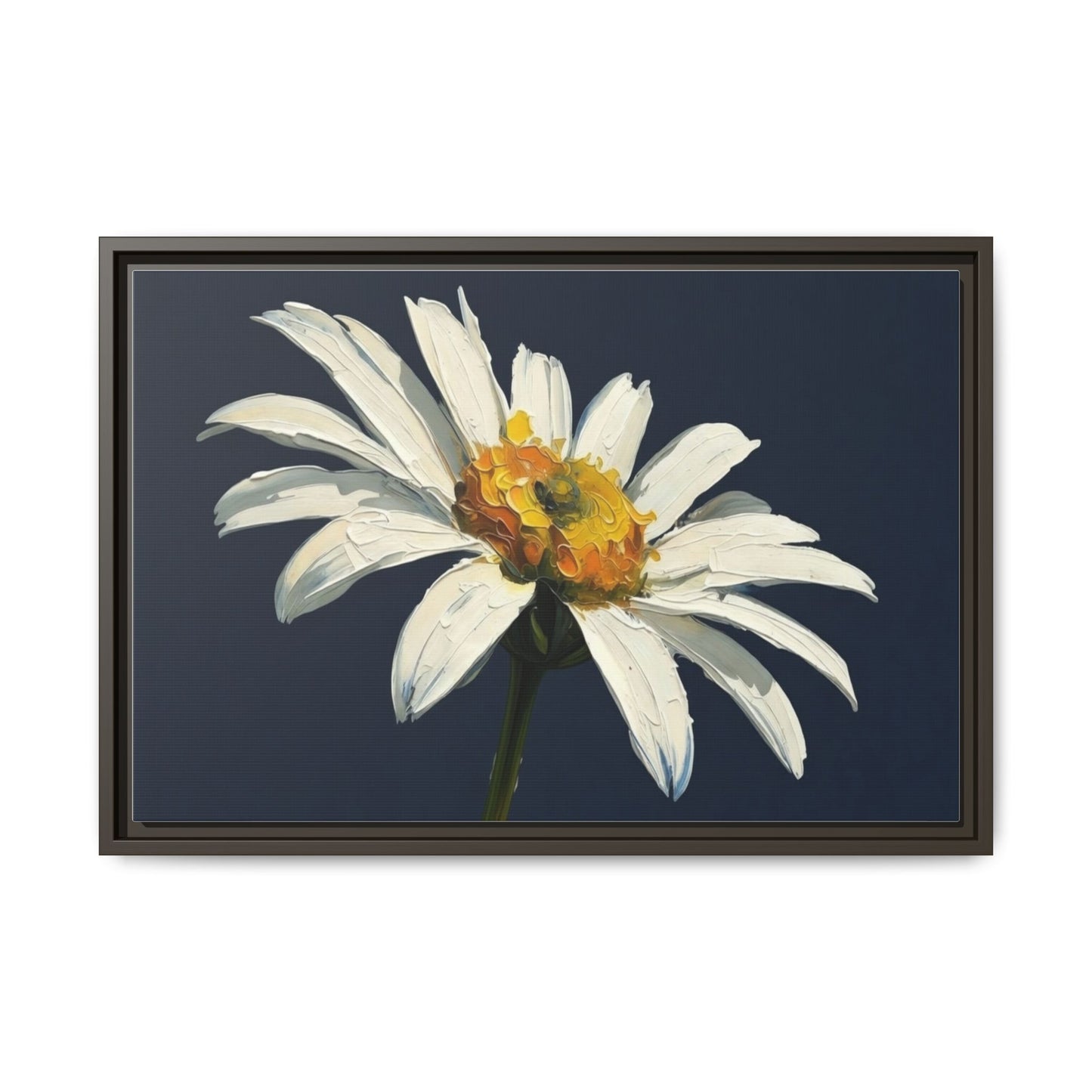 Framed Matte Canvas Daisy Wall Art — White Floral Painting on Navy