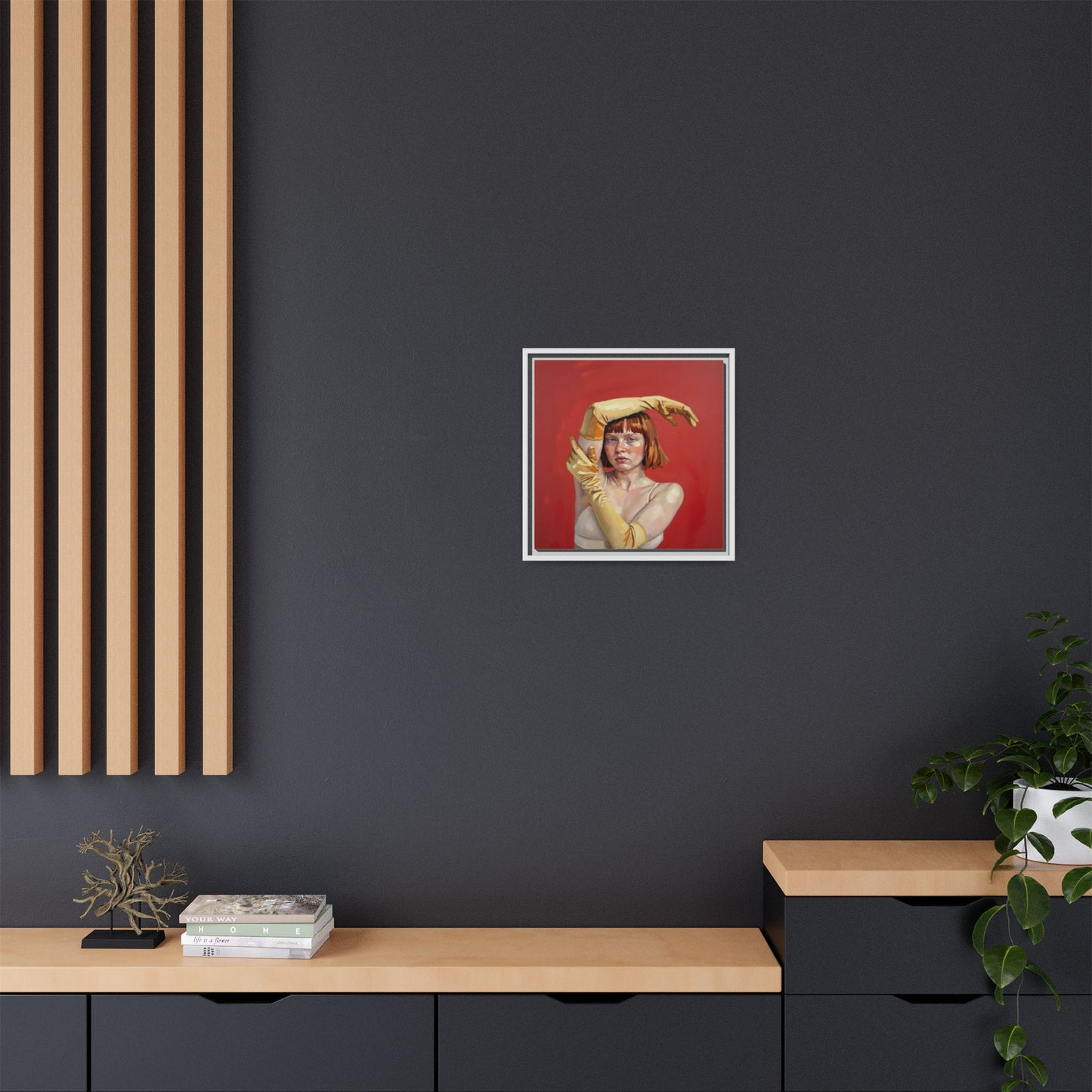 Framed Matte Canvas Art - Portrait of Woman in Yellow Gloves (Red Background)