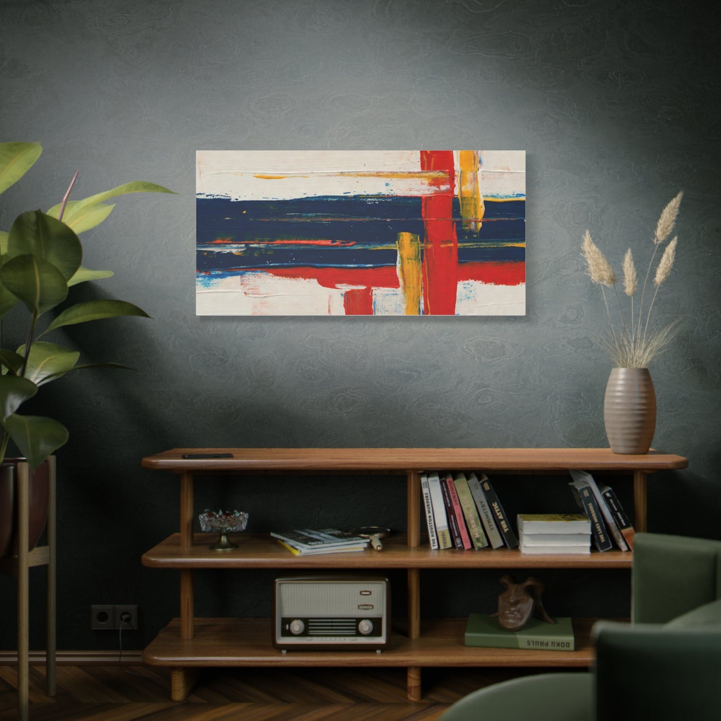 Abstract Modern Canvas Art Print — Red, Navy & Gold Stretched Matte Canvas