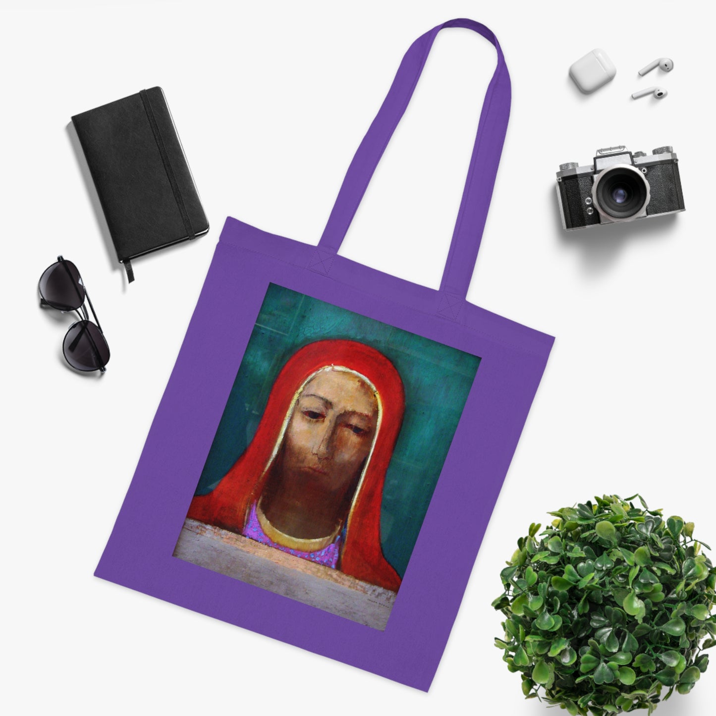 Art Portrait Tote Bag — Serene Red-Hooded Figure Canvas Cotton Tote