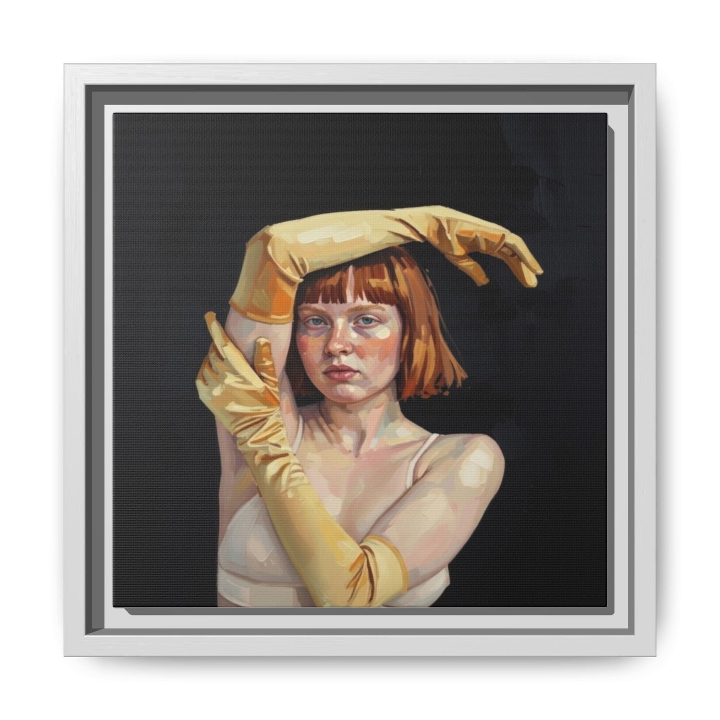 Framed Matte Canvas Art – Portrait of Woman in Yellow Gloves