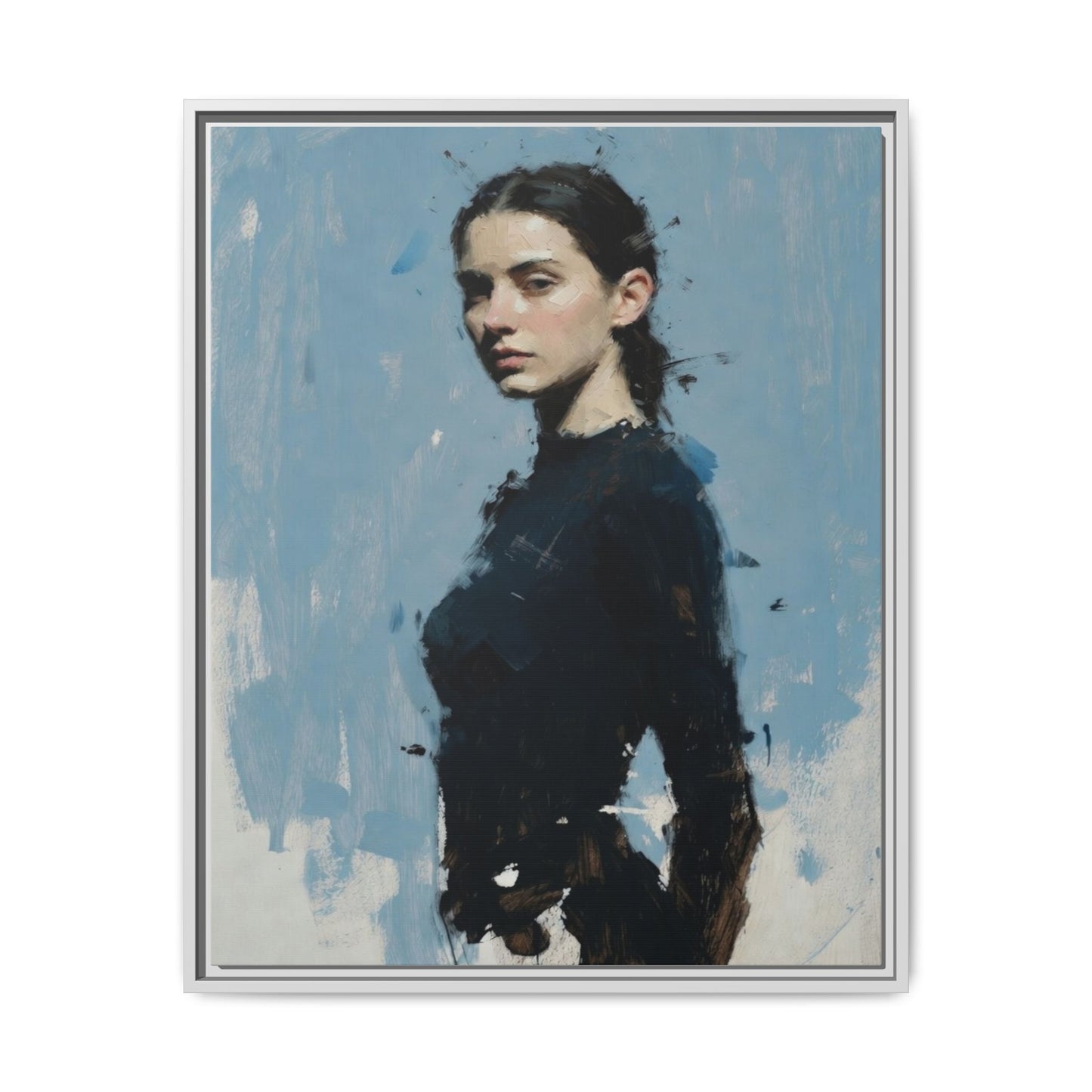 Framed Matte Canvas Portrait Print — Elegant Blue Woman Art
