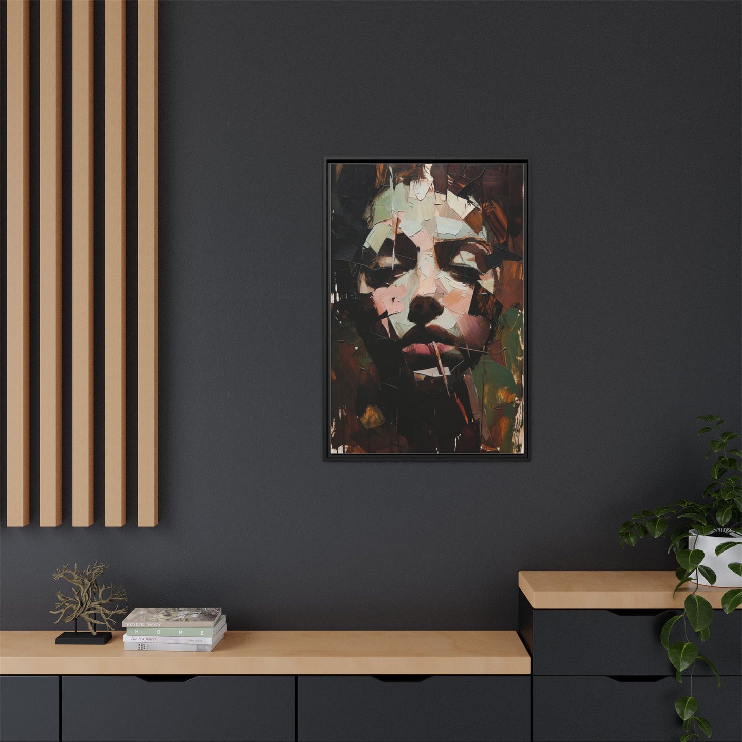Matte Framed Canvas Art — Abstract Female Portrait, Moody Multicolor
