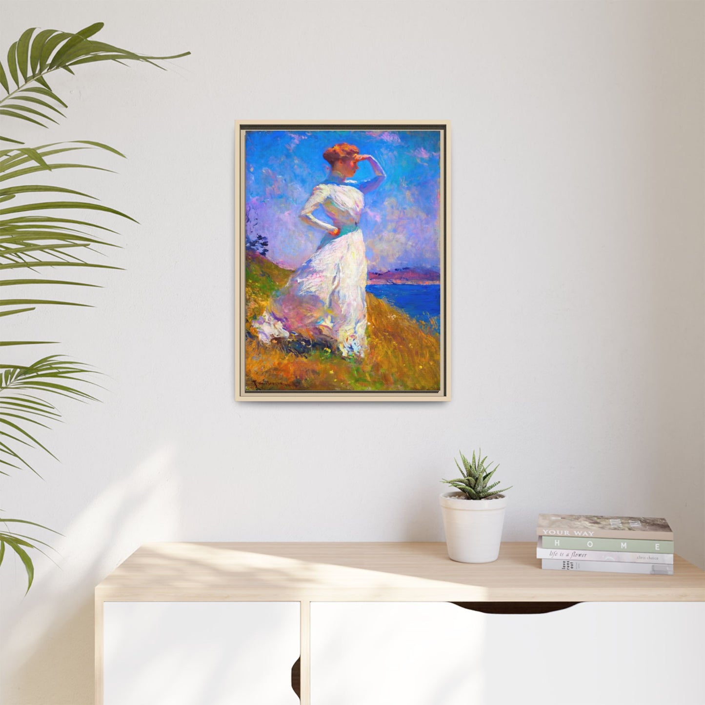 Framed Matte Canvas Art - Woman in White Seaside Impressionist Print