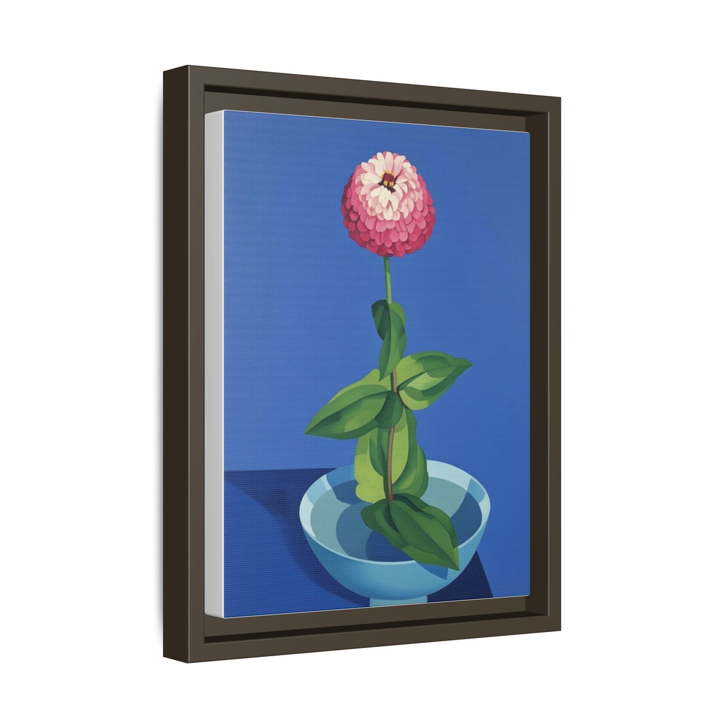 Framed Matte Canvas Art — Pink Zinnia in Blue Bowl (Botanical Still Life)
