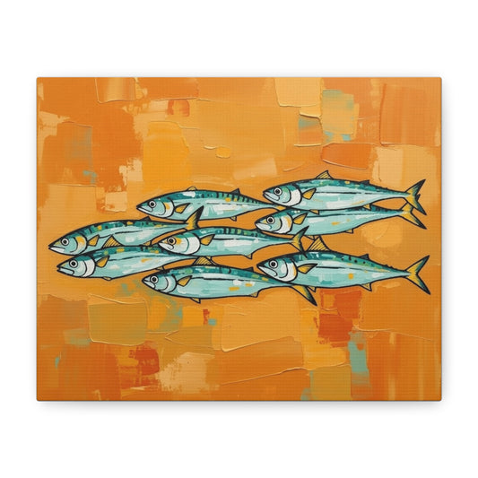 School of Mackerel Canvas Wall Art — Nautical Fish Painting on Orange Background