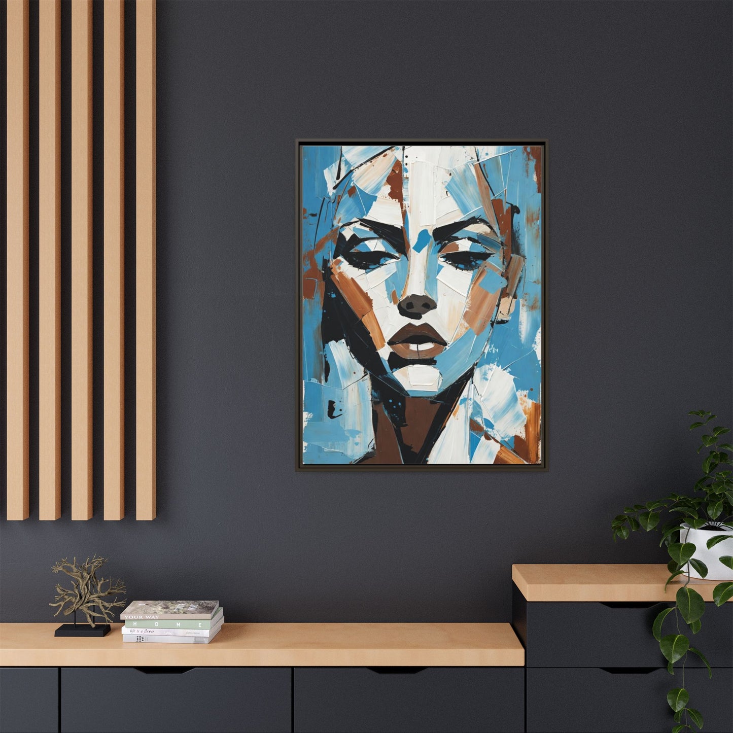 Abstract Blue Face Matte Canvas Wall Art — Framed Modern Portrait Print