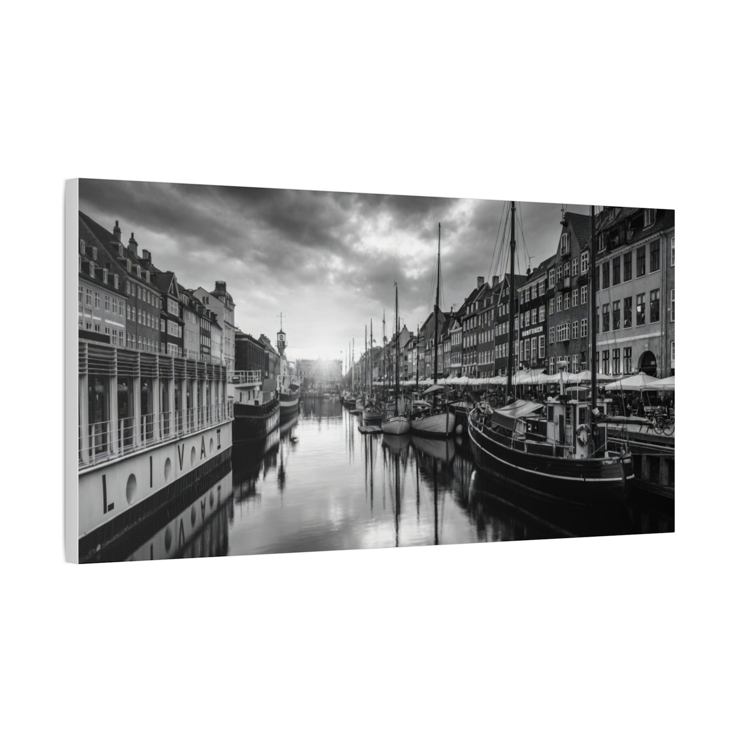 Black & White Harbor Canvas Print — Dramatic Copenhagen Cityscape Wall Art