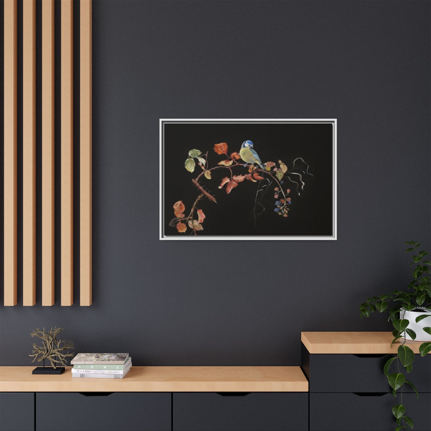 Framed Matte Canvas - Blue Tit on Autumn Branch Wall Art