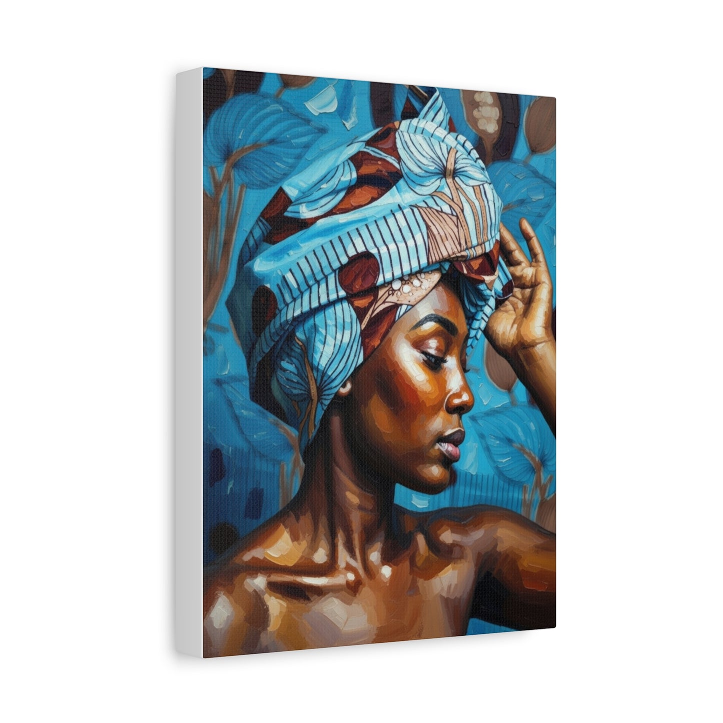 African Woman Portrait Canvas Wall Art - Blue Headwrap Matte Stretched Canvas