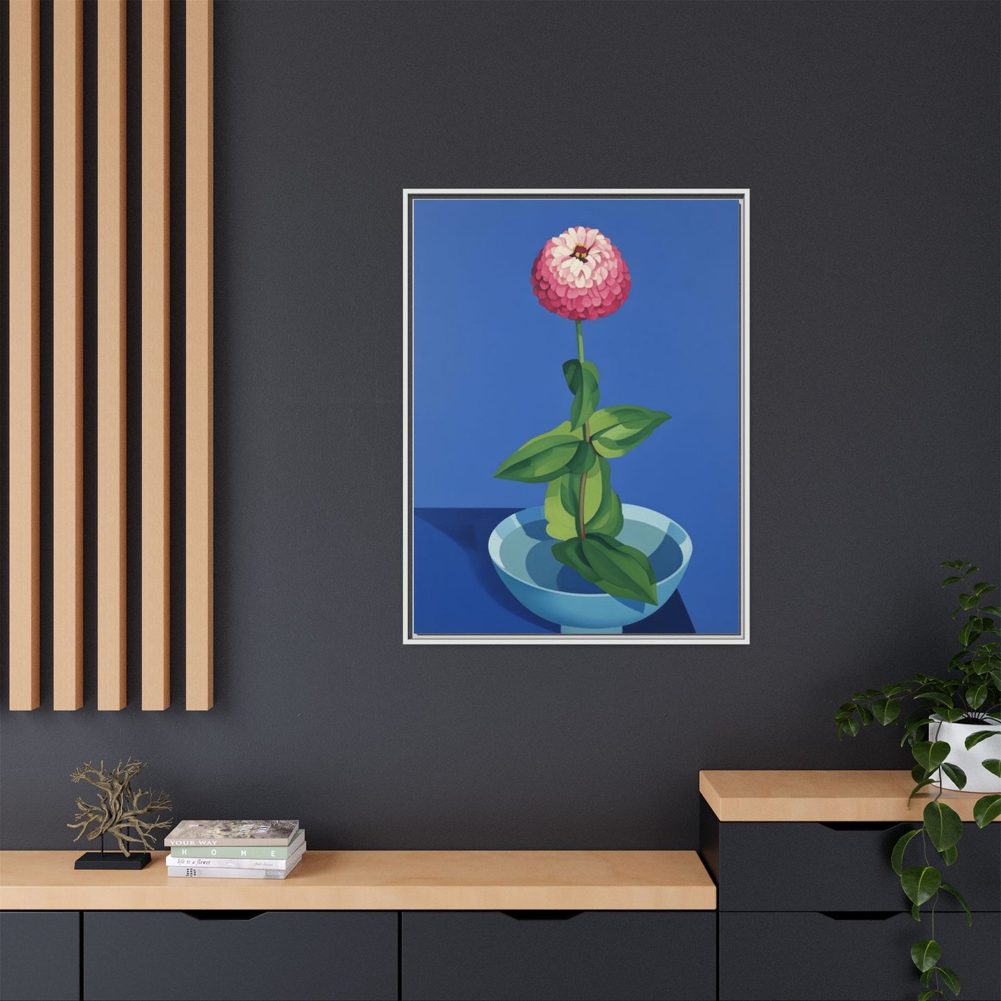 Framed Matte Canvas Art — Pink Zinnia in Blue Bowl (Botanical Still Life)