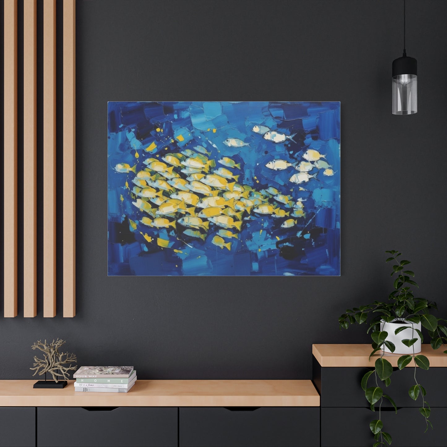 Canvas Wall Art - Blue School of Fish Matte Stretched Canvas