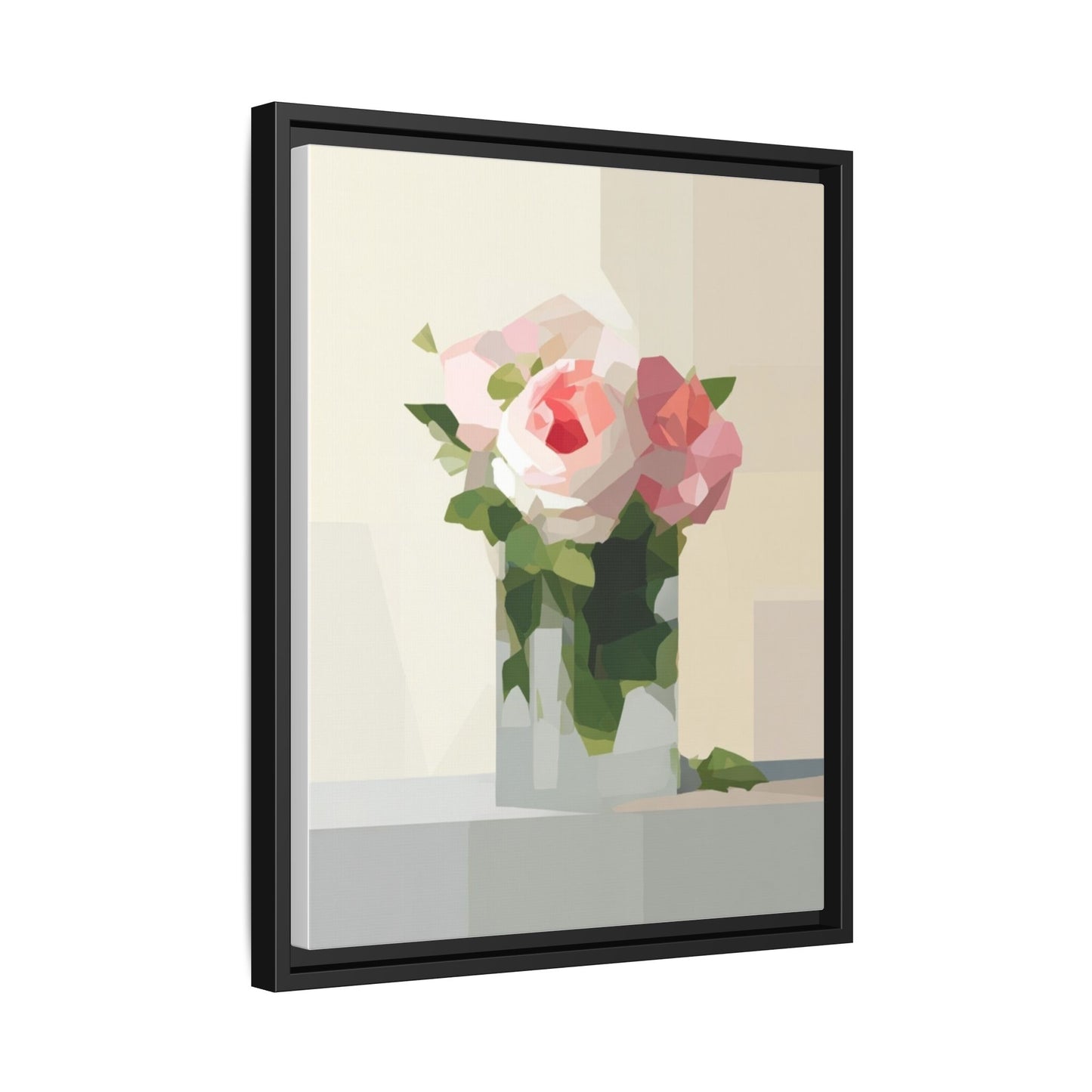 Framed Floral Canvas Print — Geometric Pink Rose Wall Art