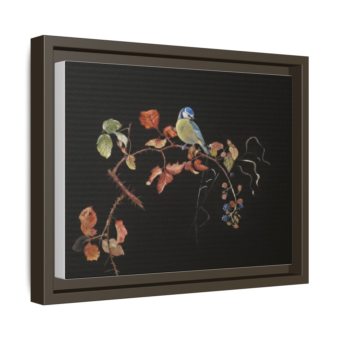 Framed Matte Canvas - Blue Tit on Autumn Branch Wall Art