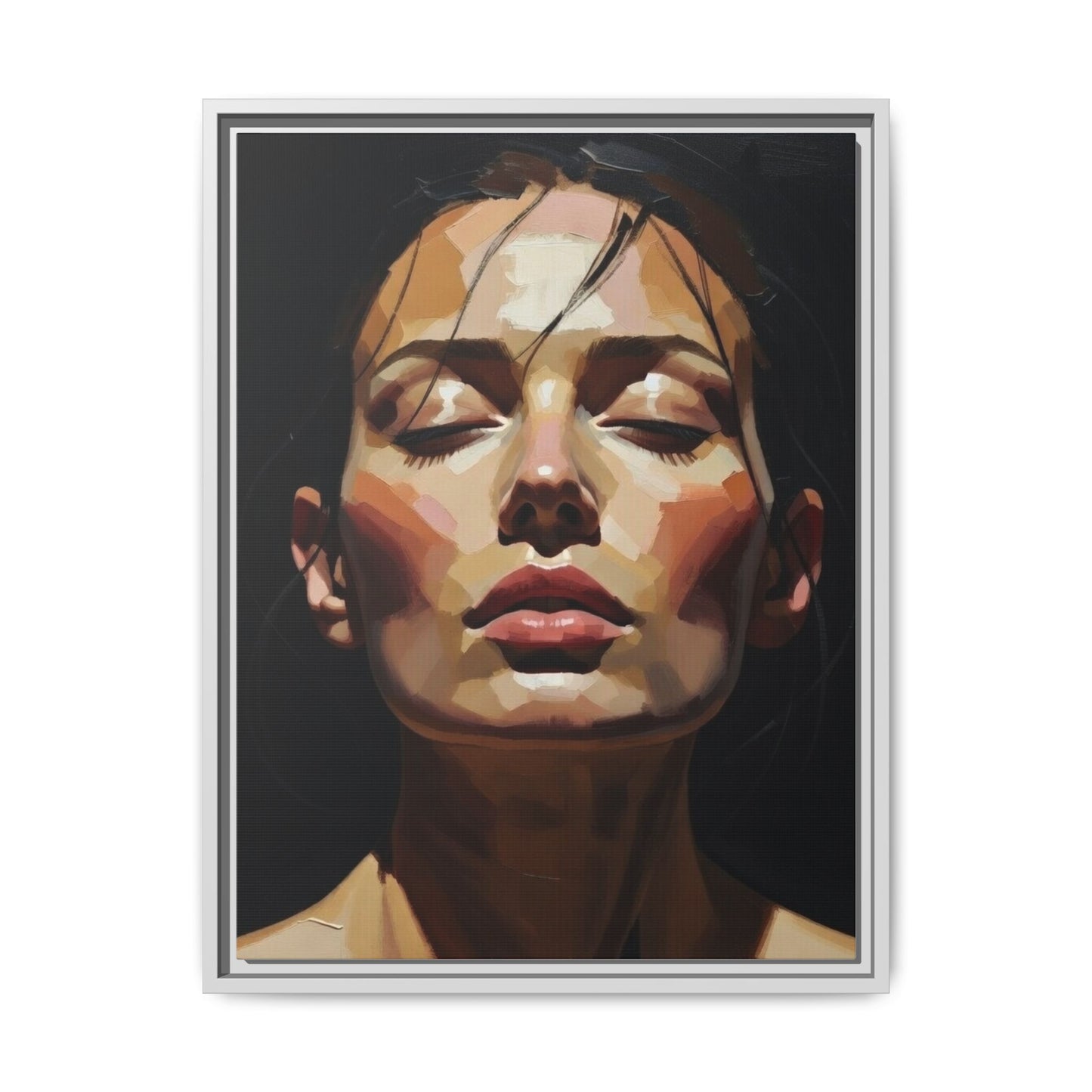 Framed Matte Canvas Portrait – Woman with Eyes Closed (Multi‑Color)