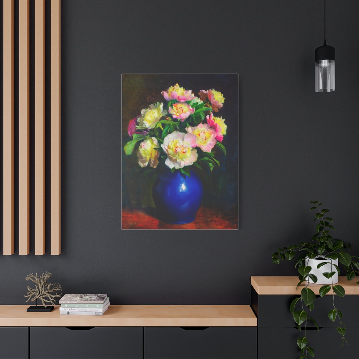 Peony Bouquet Canvas Print — Pink Peonies in Blue Vase, Stretched Matte Wall Art