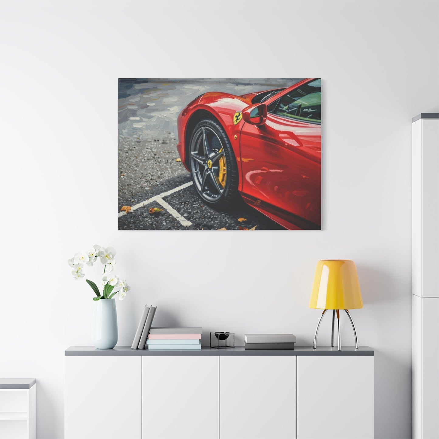 Red Sports Car Canvas Print — Ferrari Wheel Close-Up Matte Stretched Wall Art
