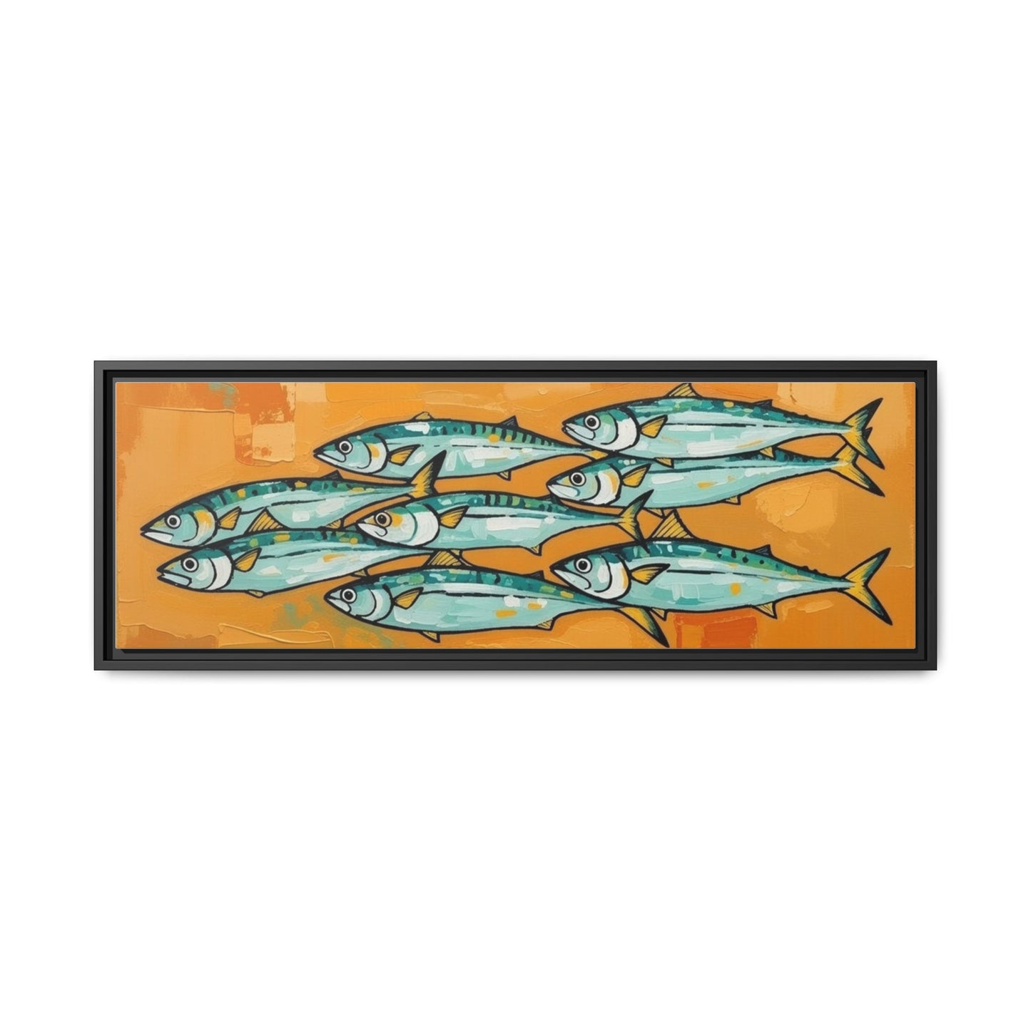 Framed Matte Canvas Print — School of Blue Fish on Orange Abstract Background
